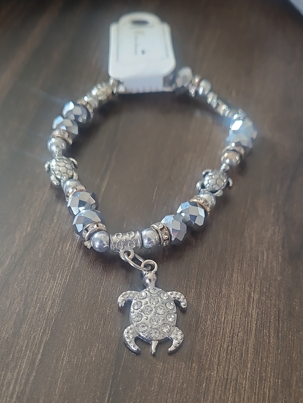 Silver Turtle Charm Beaded Bracelet - Women's Jewelry
